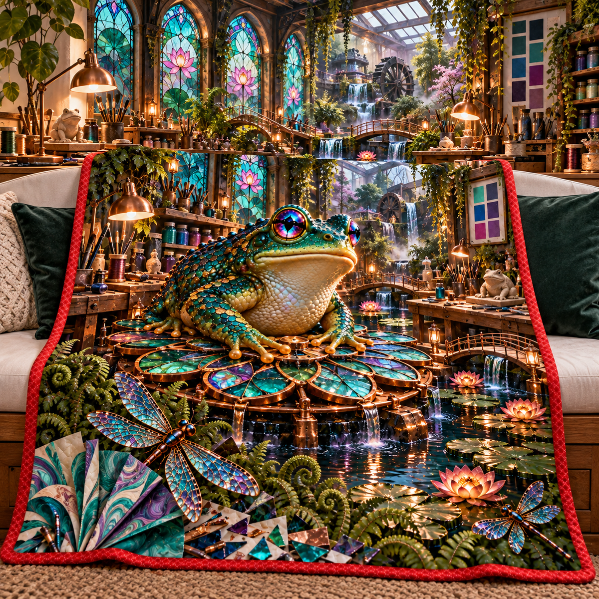 Frog Pond Verdigris Atelier Quilt Blanket with printed optical 3D artwork in its use setting