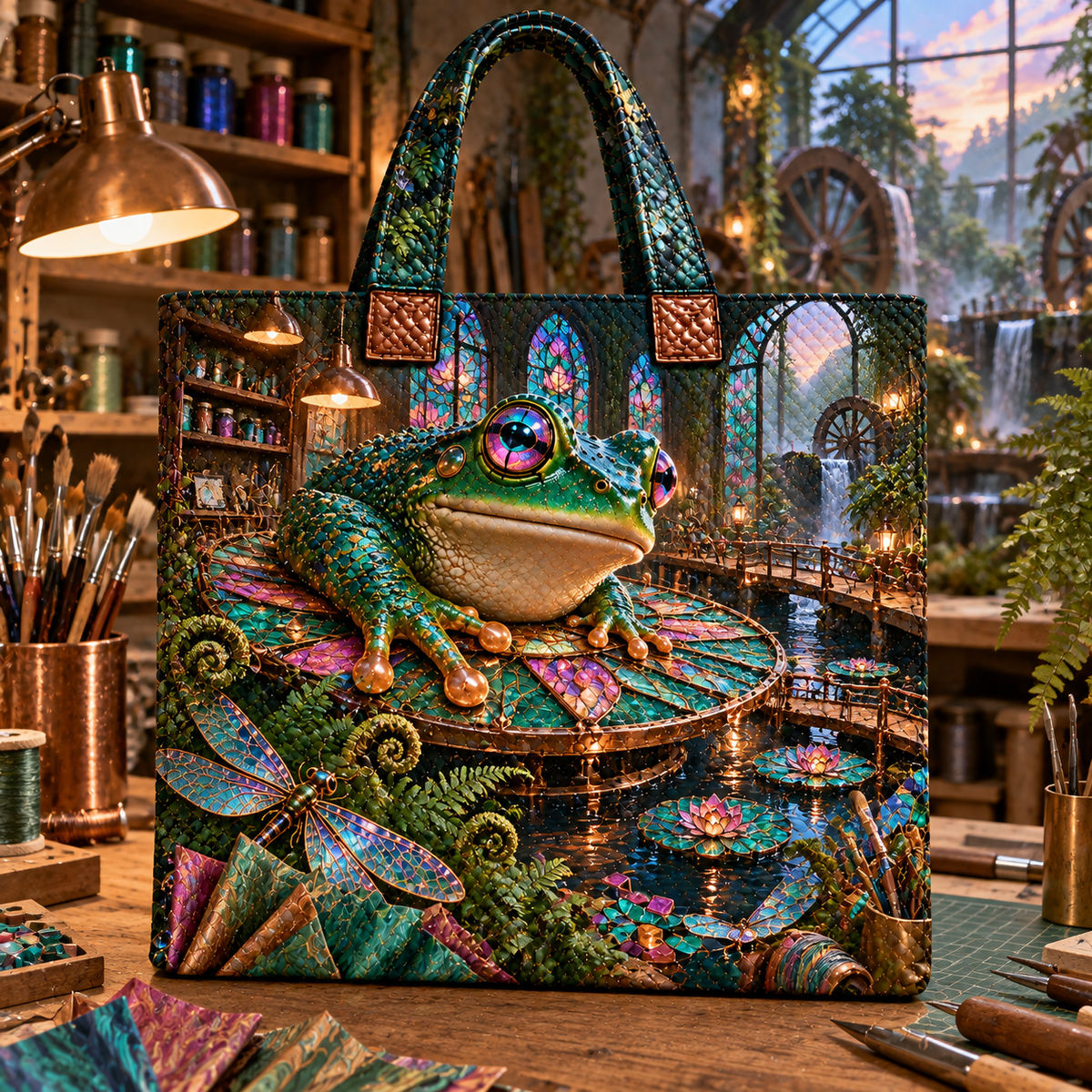 Frog Pond Verdigris Atelier Quilted Tote Bag with printed optical 3D artwork in its use setting