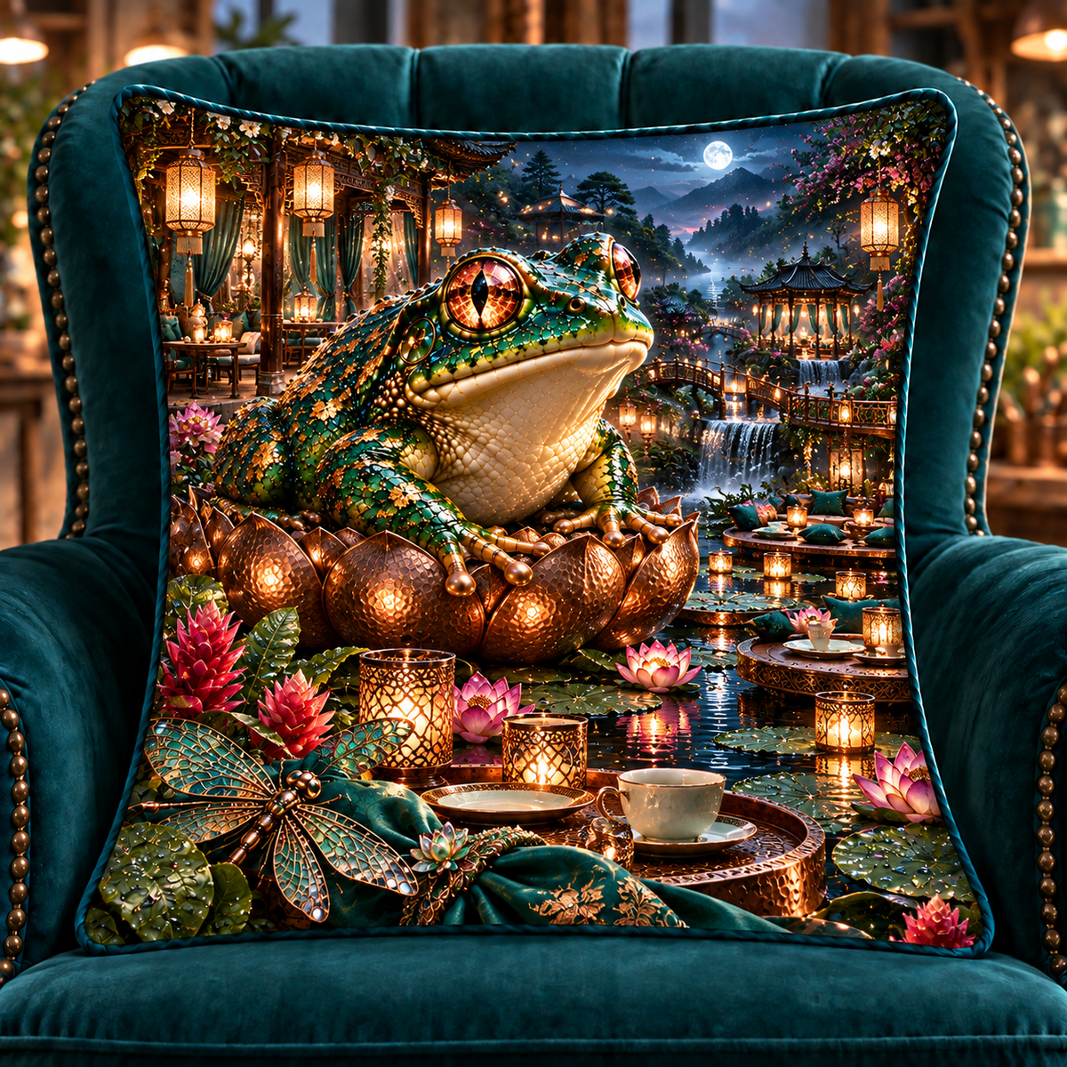 Frog Pond Lantern Court Quilted Cushion Cover with printed optical 3D artwork in its use setting