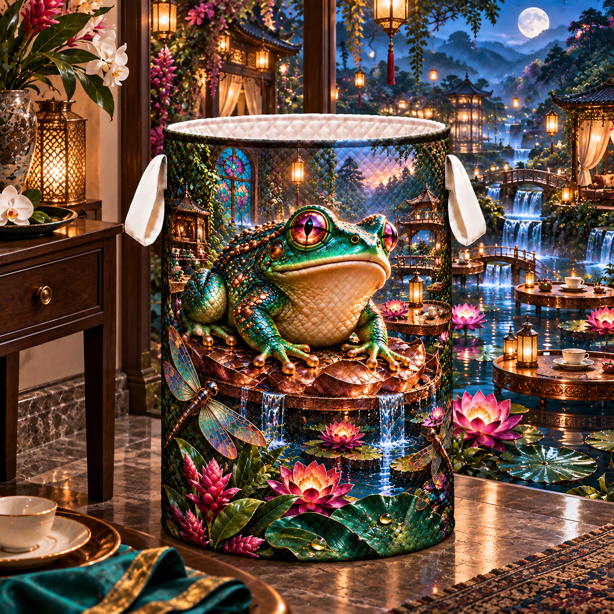 Frog Pond Lantern Court Laundry Hamper with printed optical 3D artwork in its use setting
