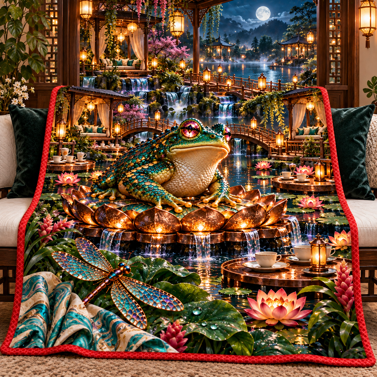 Frog Pond Lantern Court Quilt Blanket with printed optical 3D artwork in its use setting