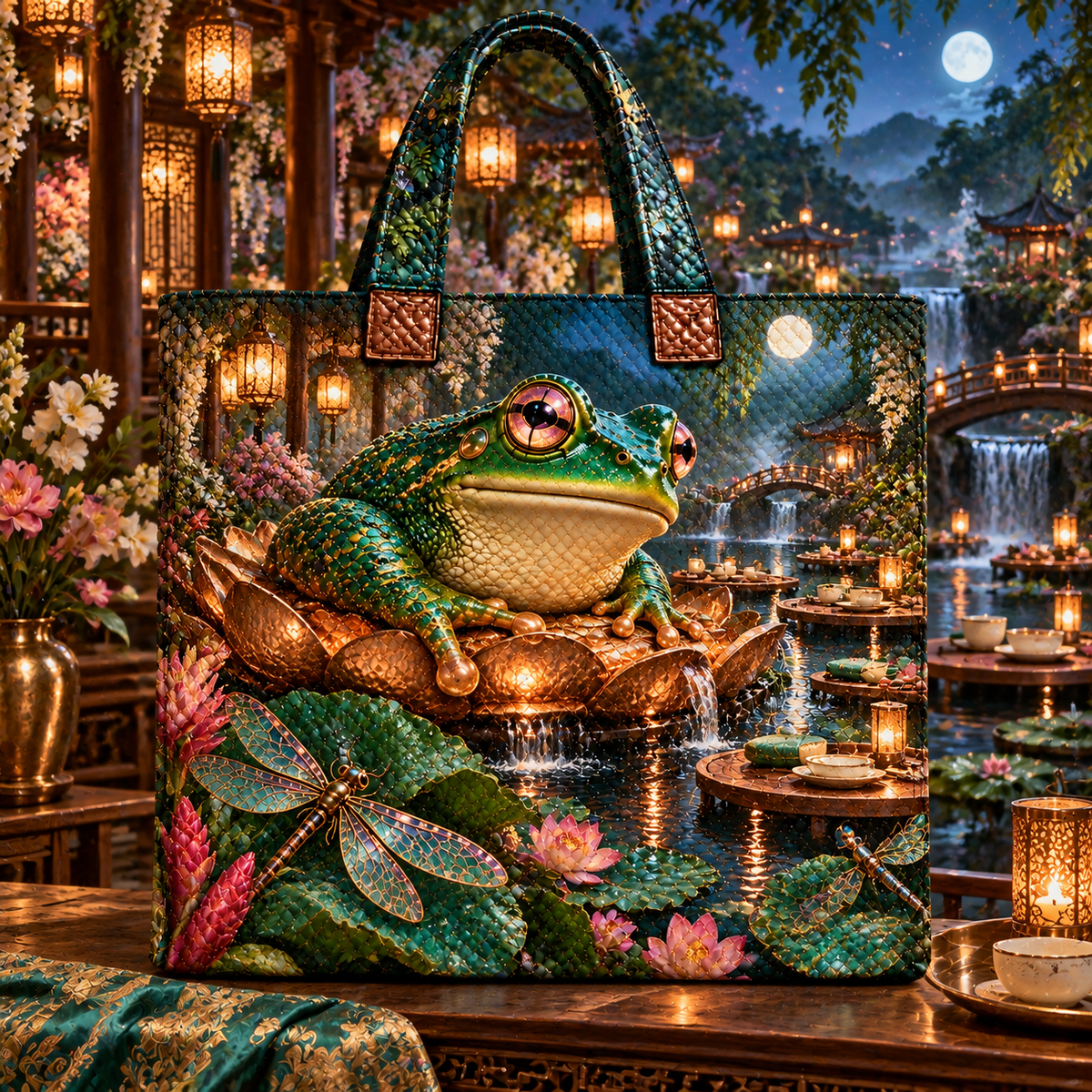Frog Pond Lantern Court Quilted Tote Bag with printed optical 3D artwork in its use setting