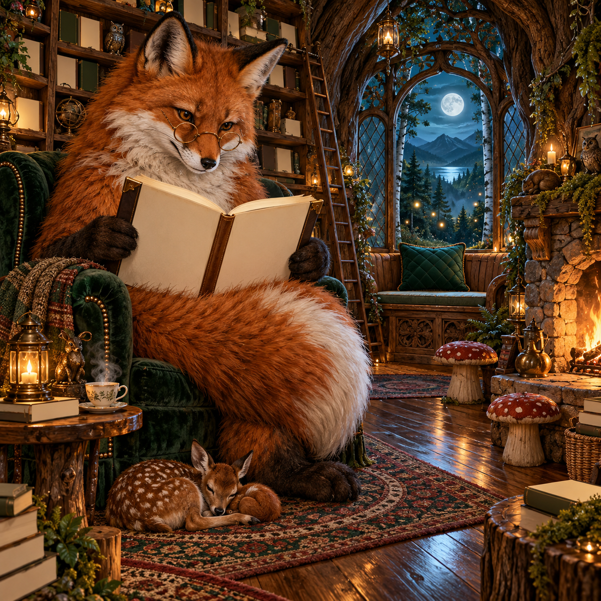Woodland Storybook Hearth Quilted Cushion Cover with printed optical 3D artwork in its use setting
