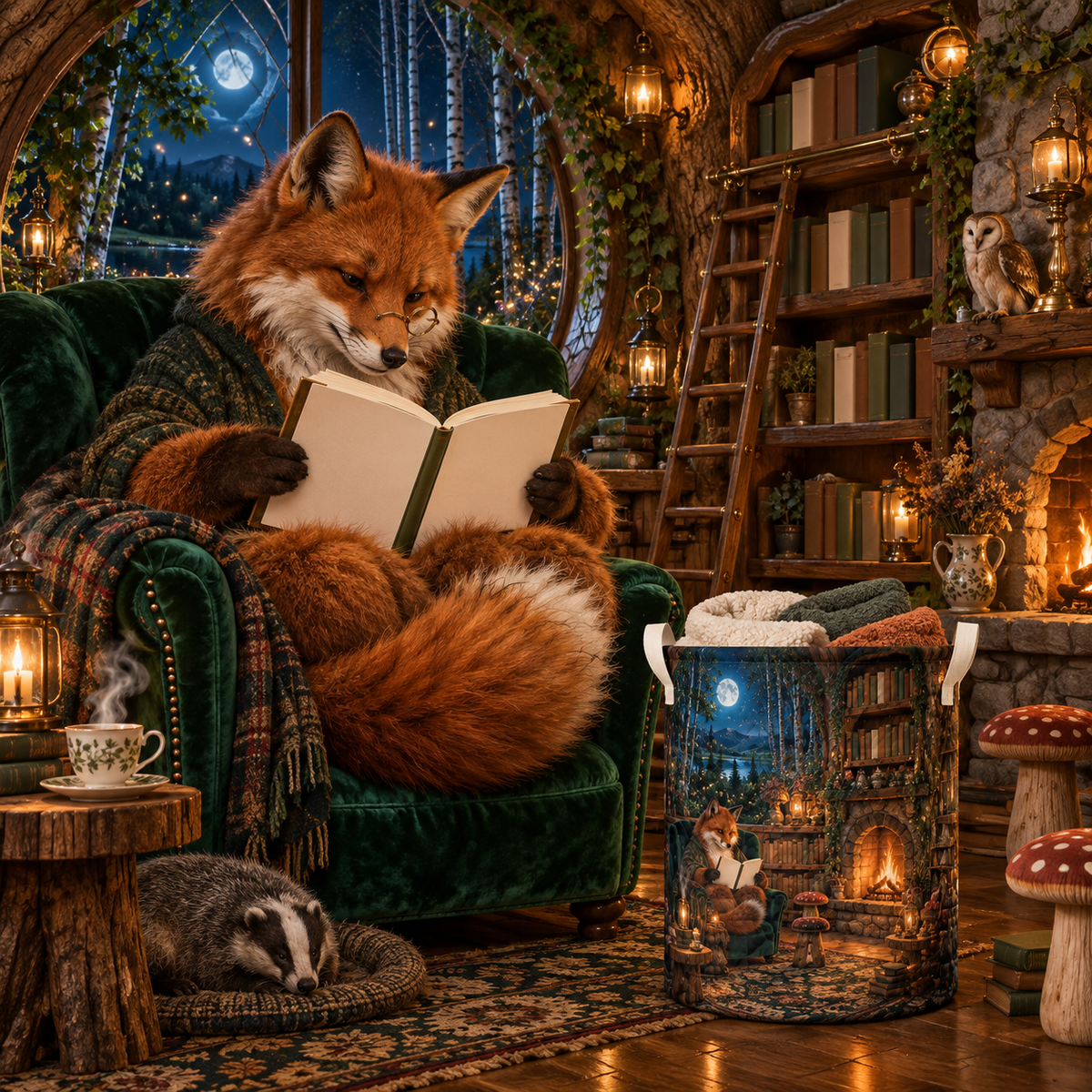Woodland Storybook Hearth Laundry Hamper with printed optical 3D artwork in its use setting