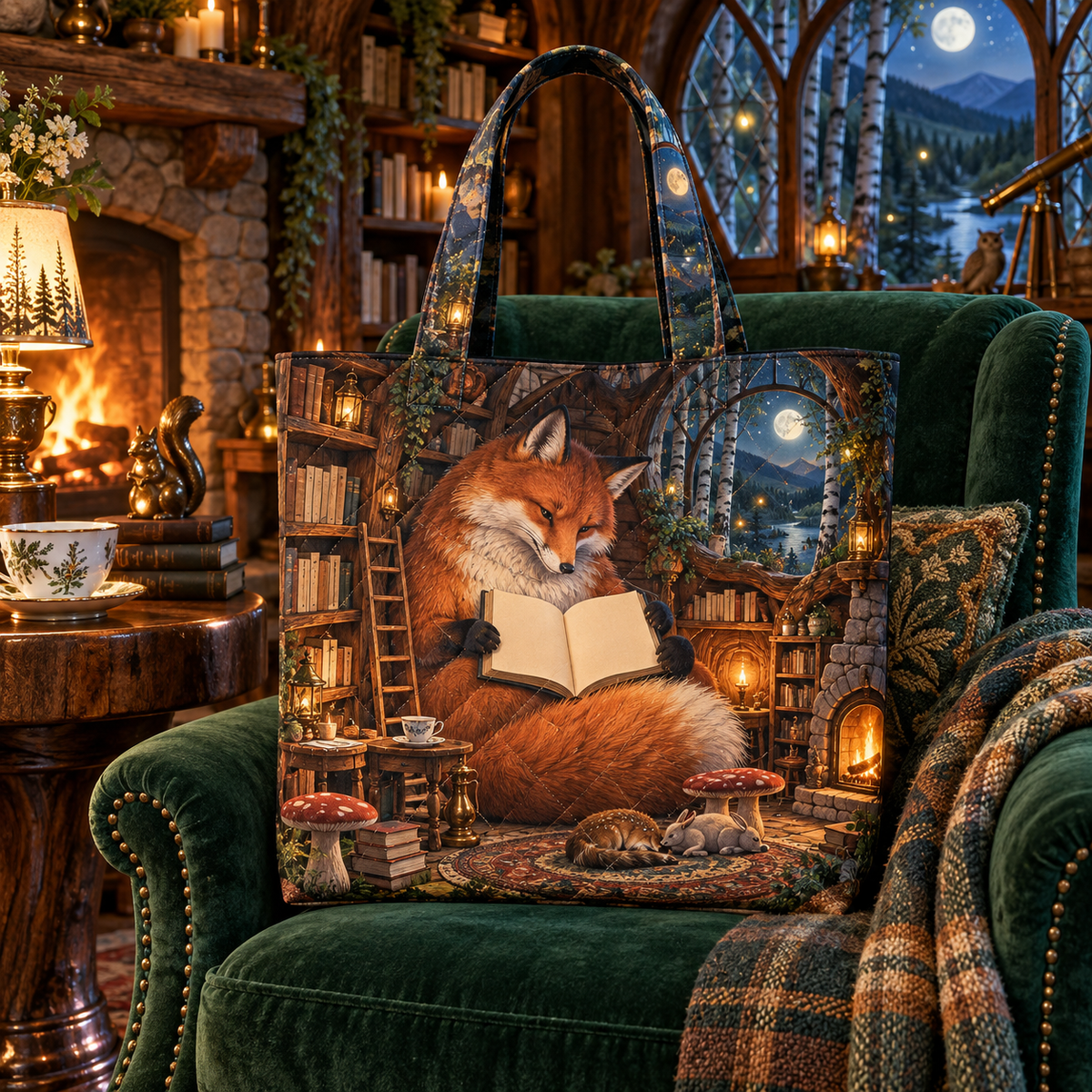 Woodland Storybook Hearth Quilted Tote Bag with printed optical 3D artwork in its use setting