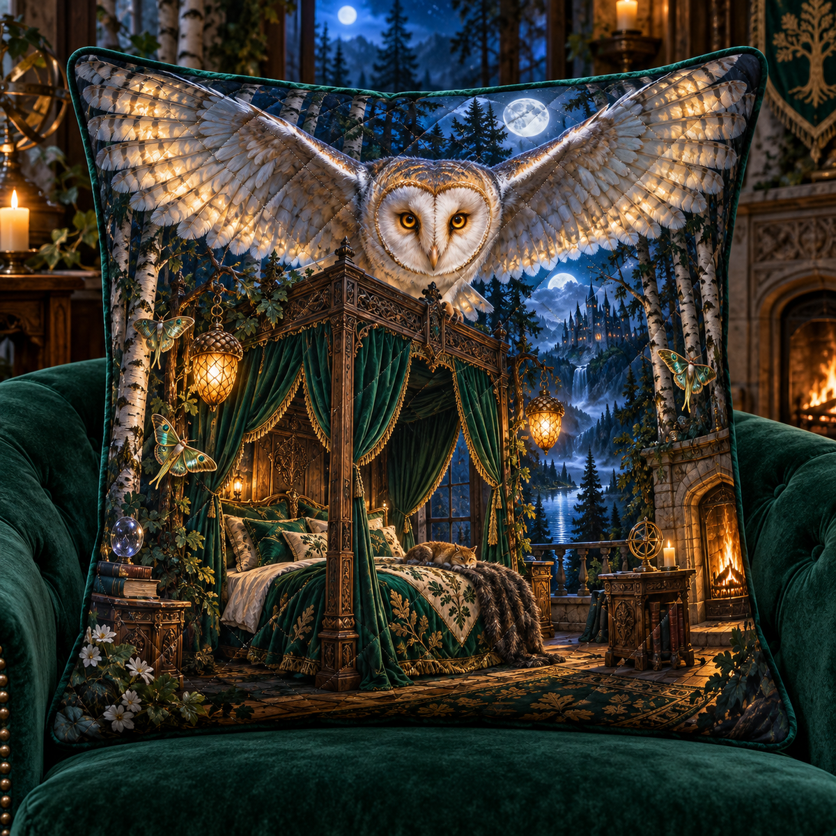 Woodland Moonlit Canopy Quilted Cushion Cover with printed optical 3D artwork in its use setting