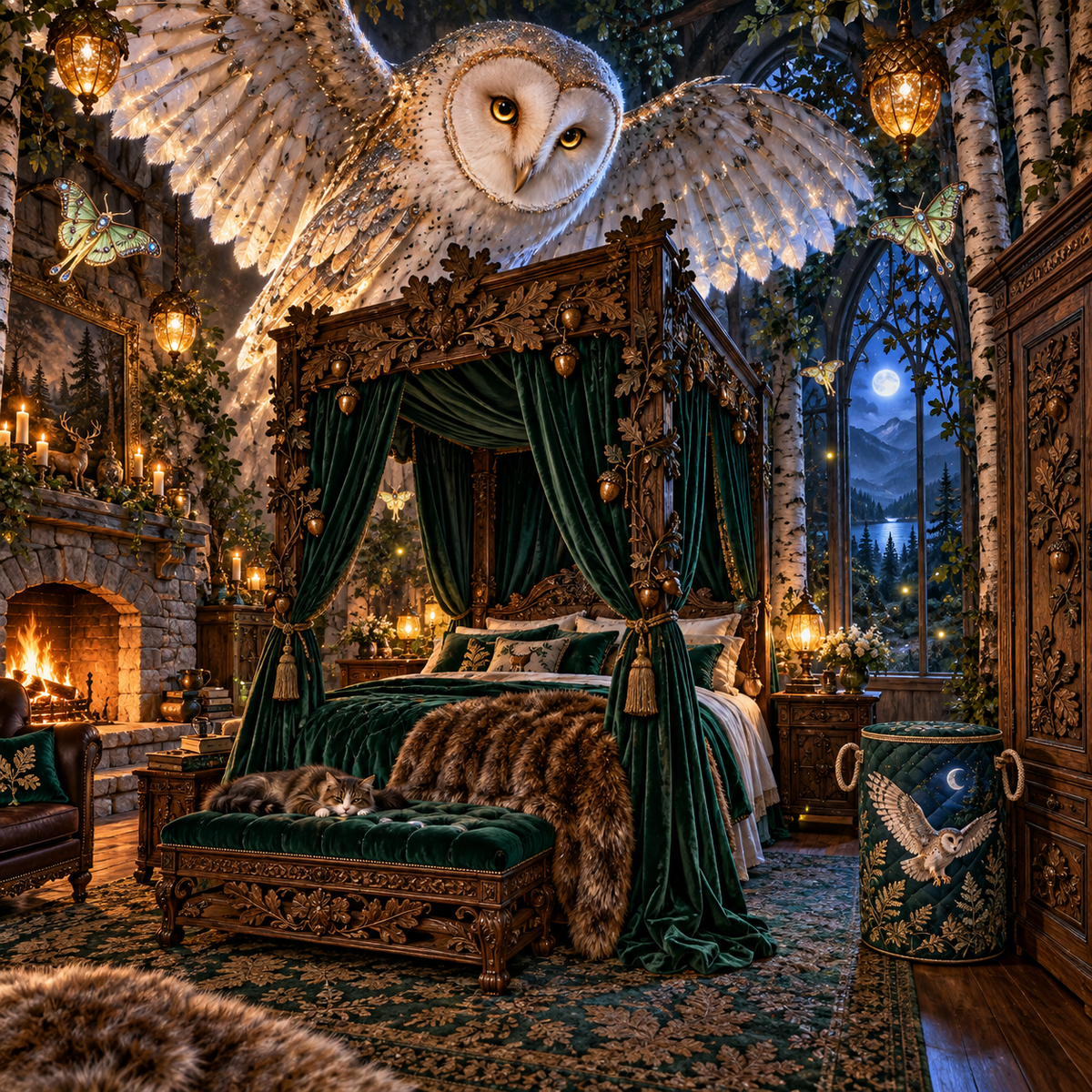 Woodland Moonlit Canopy Laundry Hamper with printed optical 3D artwork in its use setting