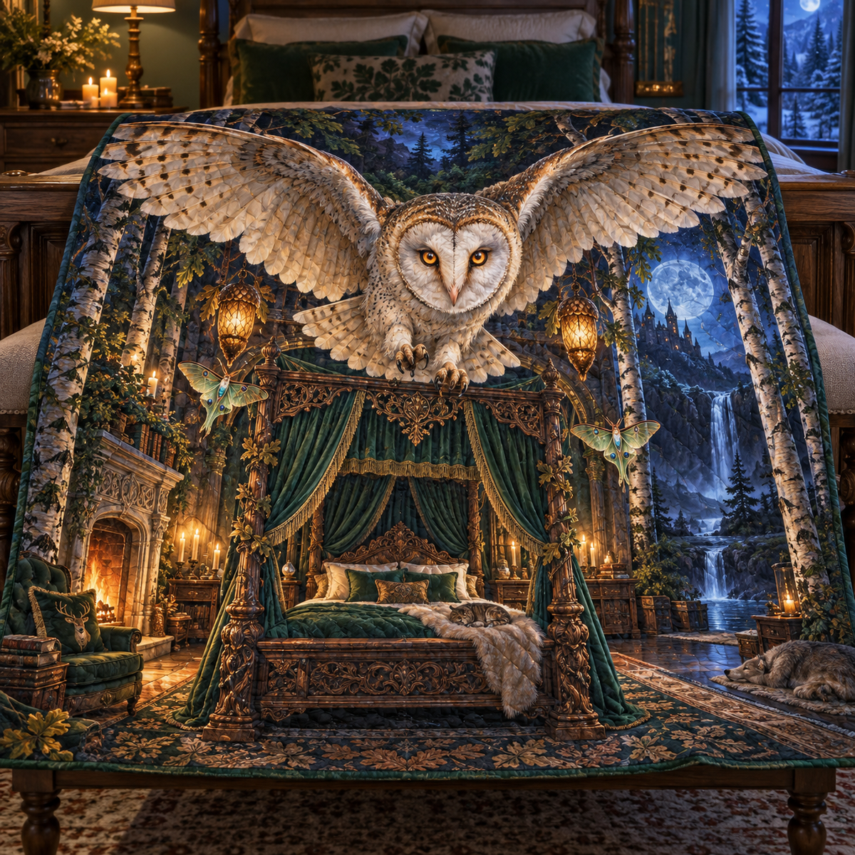 Woodland Moonlit Canopy Quilt Blanket with printed optical 3D artwork in its use setting
