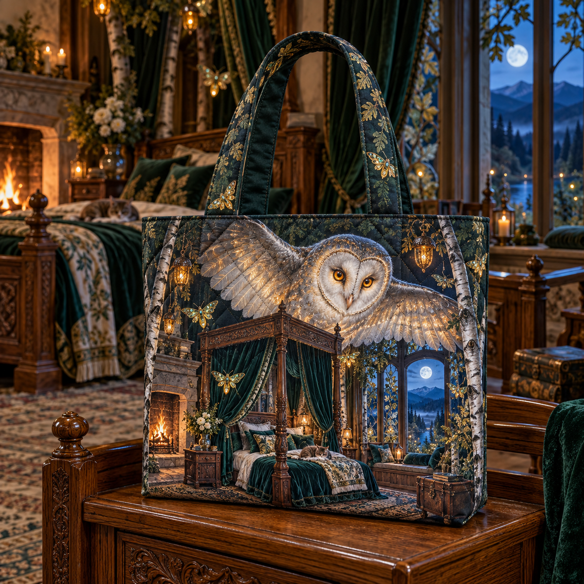 Woodland Moonlit Canopy Quilted Tote Bag with printed optical 3D artwork in its use setting