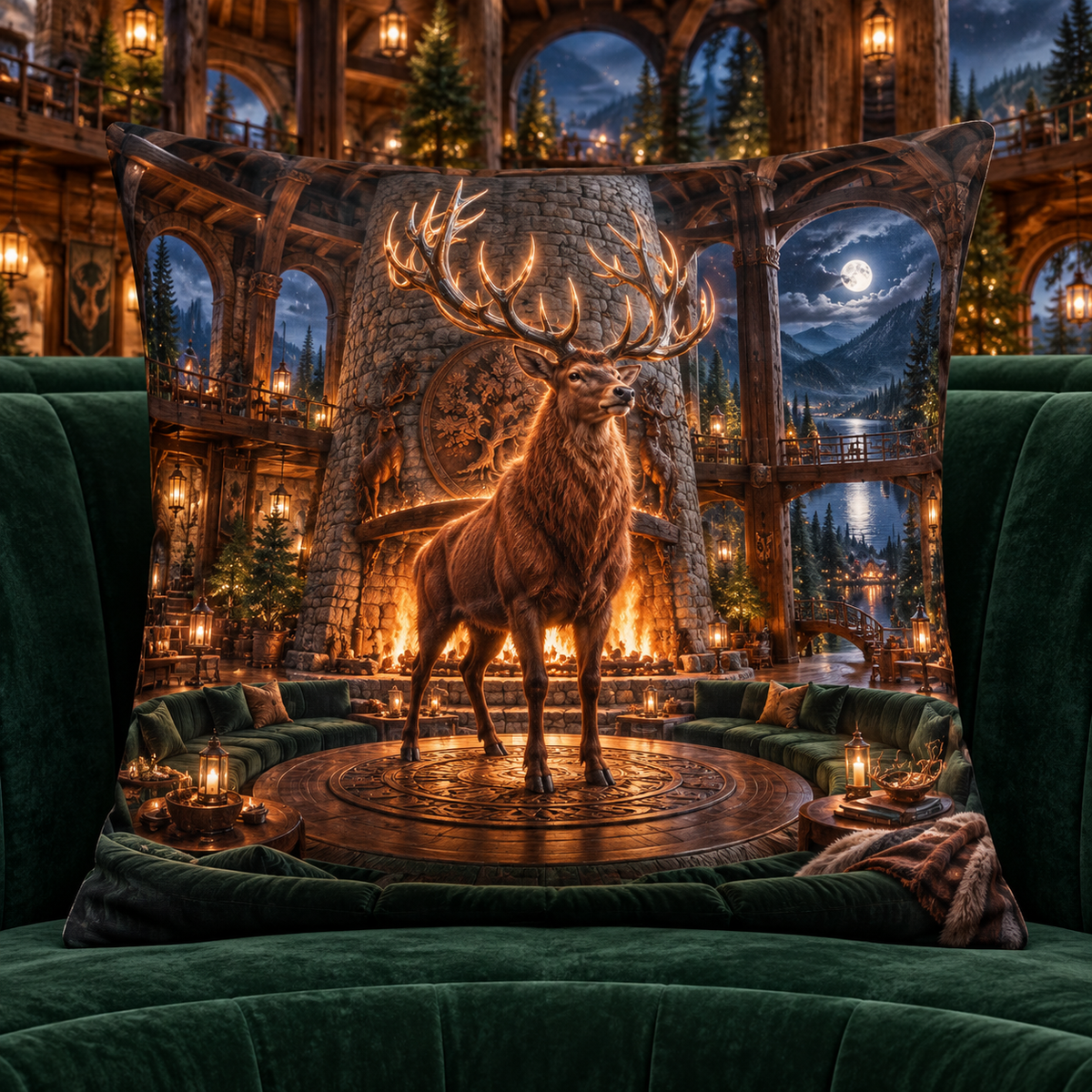 Woodland Stag Hearth Hall Quilted Cushion Cover with printed optical 3D artwork in its use setting