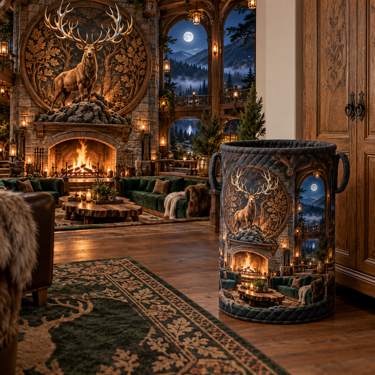 Woodland Stag Hearth Hall Laundry Hamper with printed optical 3D artwork in its use setting