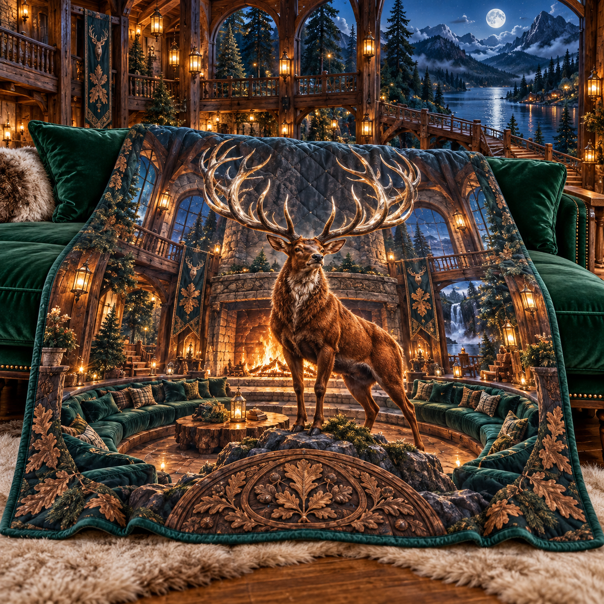 Woodland Stag Hearth Hall Quilt Blanket with printed optical 3D artwork in its use setting