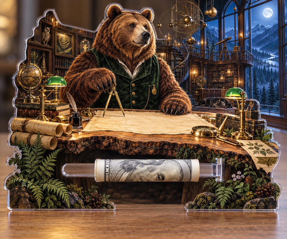 Woodland Bear Map Study Acrylic Cash Holder Ornament with printed optical 3D artwork in its use setting