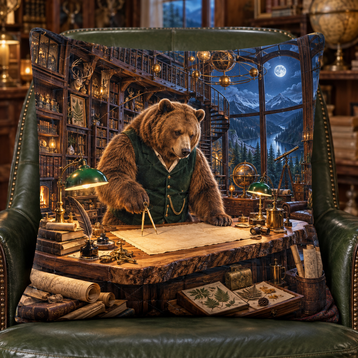 Woodland Bear Map Study Quilted Cushion Cover with printed optical 3D artwork in its use setting