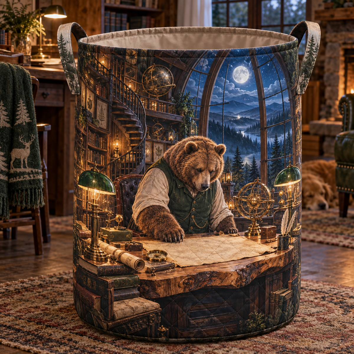 Woodland Bear Map Study Laundry Hamper with printed optical 3D artwork in its use setting