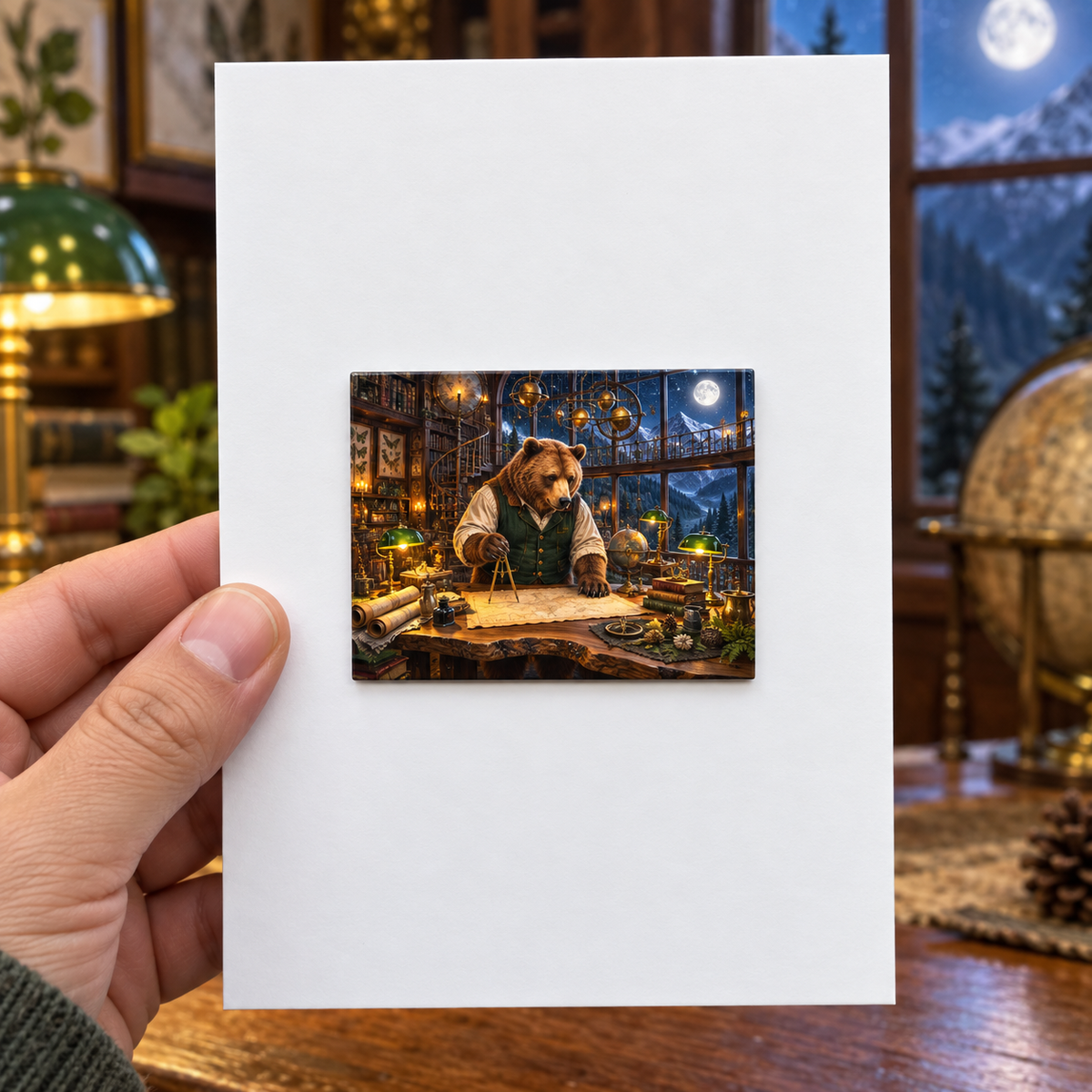 Woodland Bear Map Study Acrylic Refrigerator Magnet with printed optical 3D artwork in its use setting