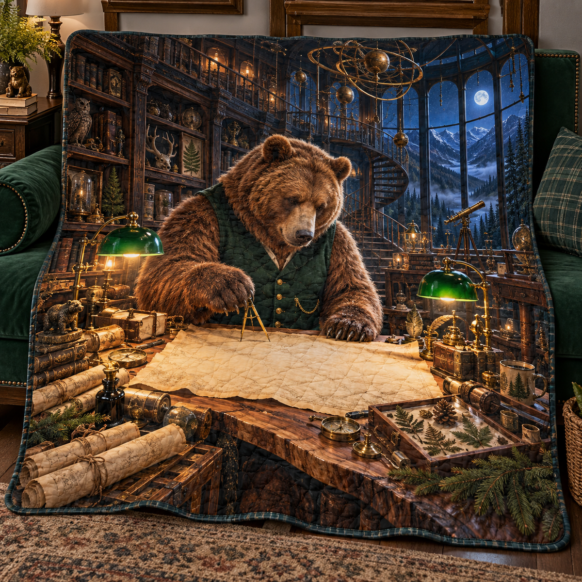 Woodland Bear Map Study Quilt Blanket with printed optical 3D artwork in its use setting