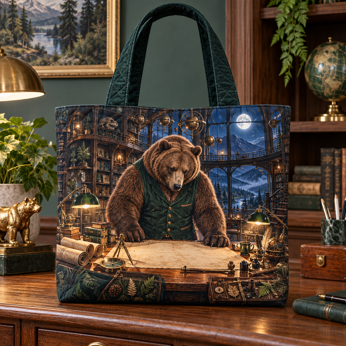 Woodland Bear Map Study Quilted Tote Bag with printed optical 3D artwork in its use setting