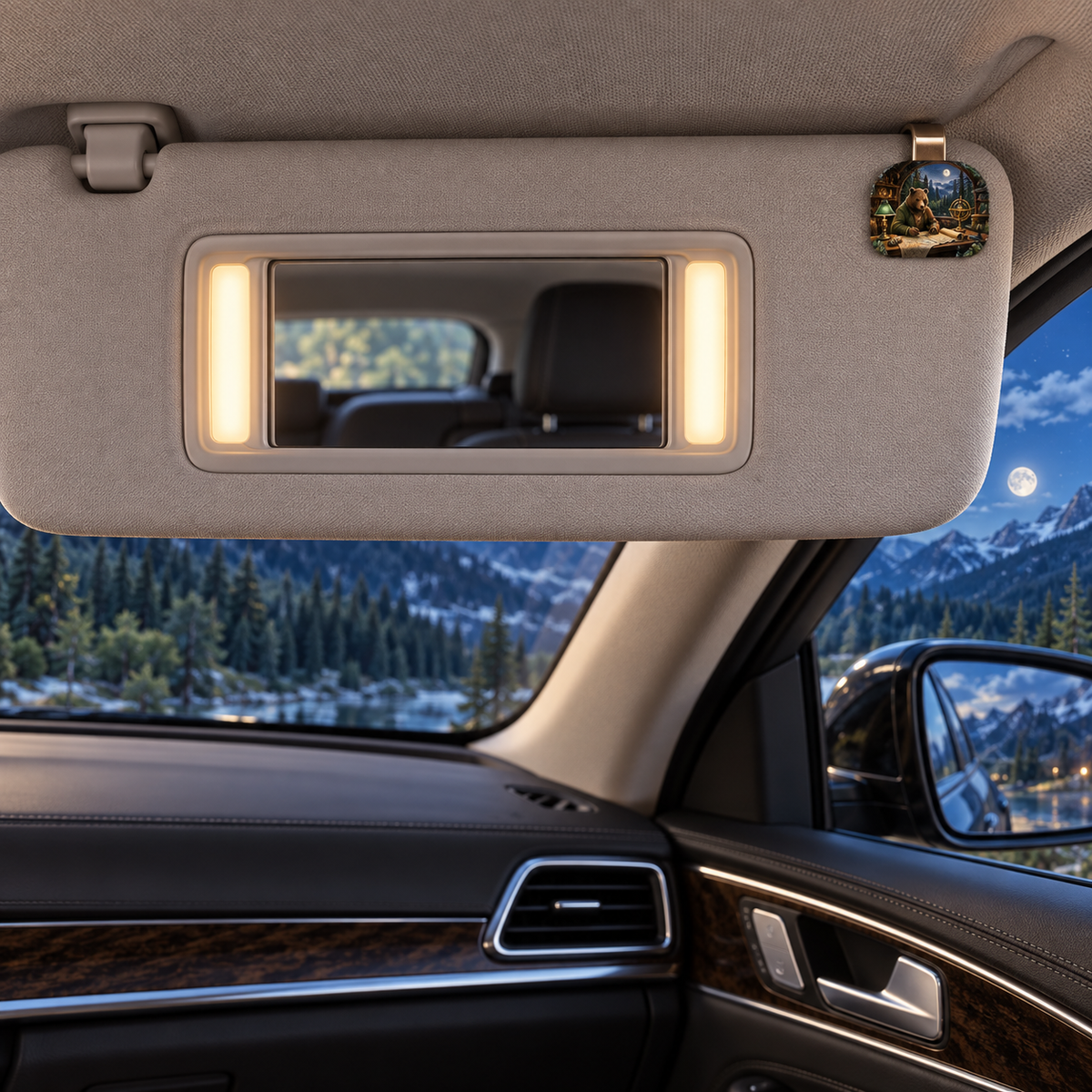 Woodland Bear Map Study Holographic Car Visor Clip with printed optical 3D artwork in its use setting