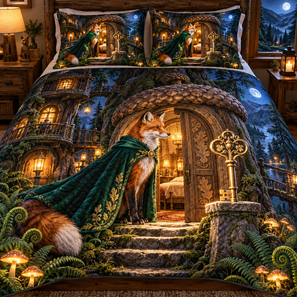Woodland Fox Welcome Lodge Quilted Bedding Set with printed optical 3D artwork in its use setting