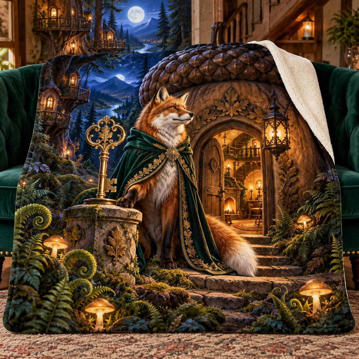 Woodland Fox Welcome Lodge Sherpa & Fleece Blanket with printed optical 3D artwork in its use setting