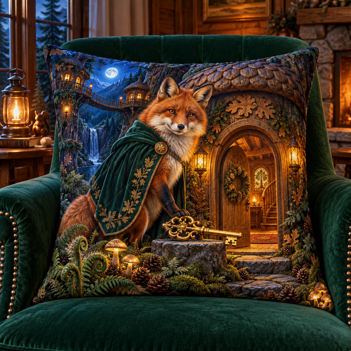 Woodland Fox Welcome Lodge Quilted Cushion Cover with printed optical 3D artwork in its use setting