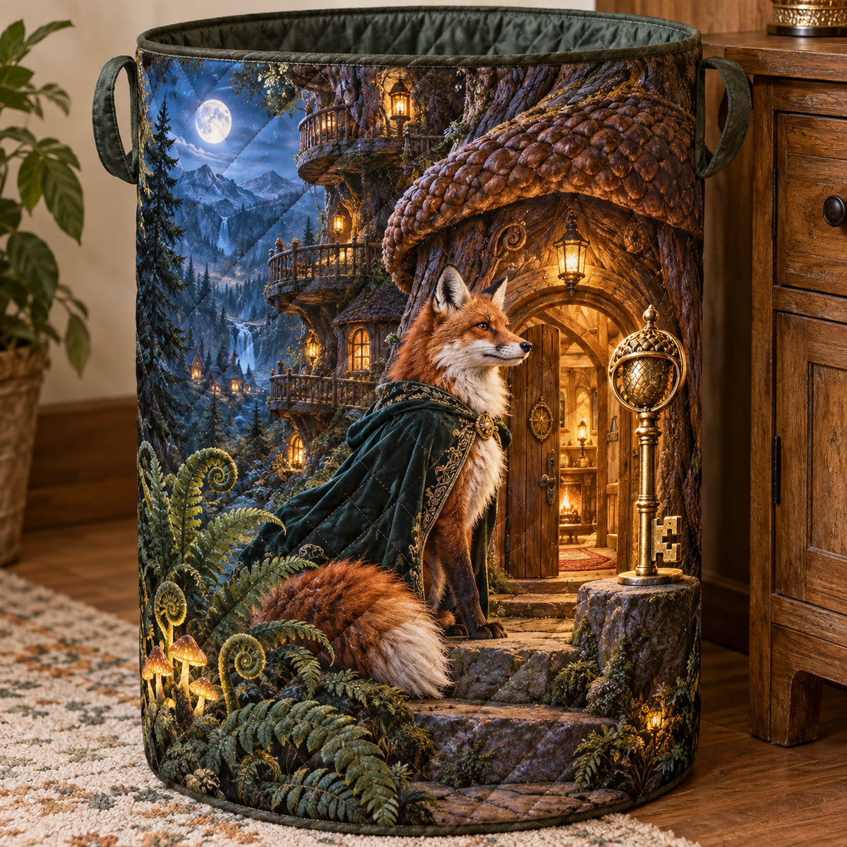 Woodland Fox Welcome Lodge Laundry Hamper with printed optical 3D artwork in its use setting