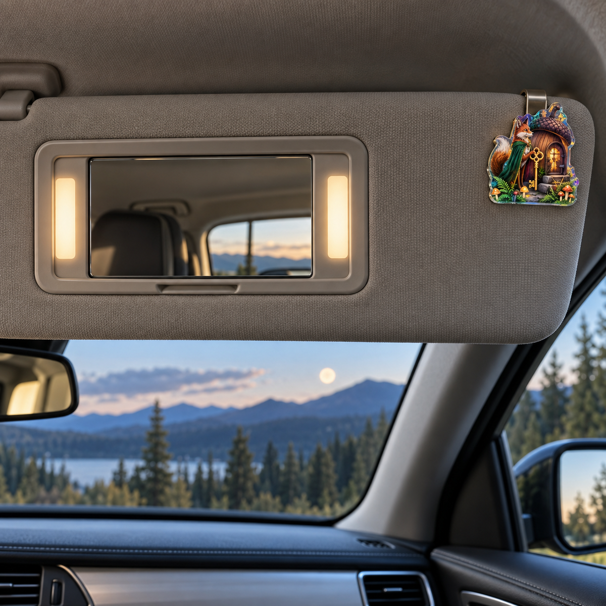 Woodland Fox Welcome Lodge Holographic Car Visor Clip with printed optical 3D artwork in its use setting