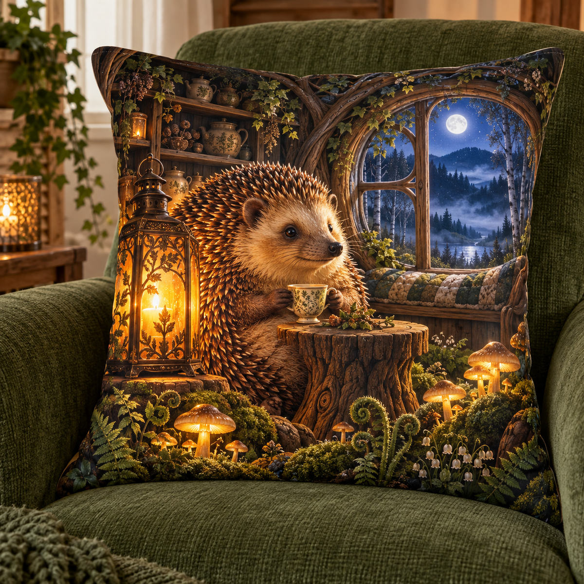 Woodland Hedgehog Lantern Nook Quilted Cushion Cover with printed optical 3D artwork in its use setting
