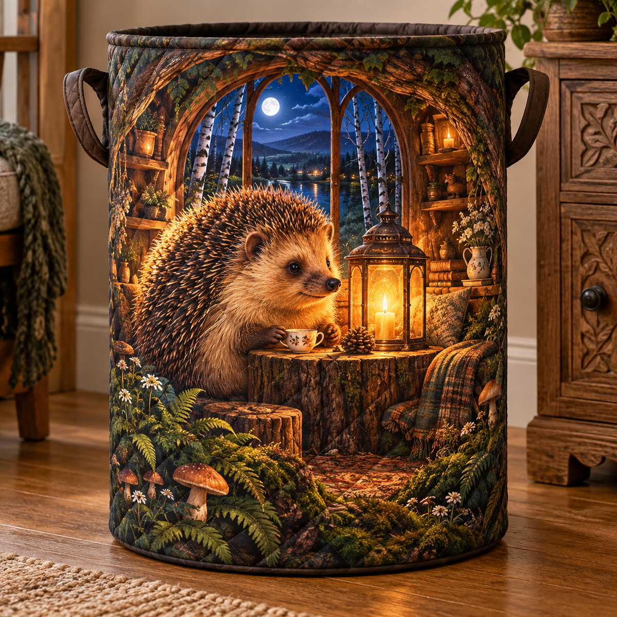 Woodland Hedgehog Lantern Nook Laundry Hamper with printed optical 3D artwork in its use setting