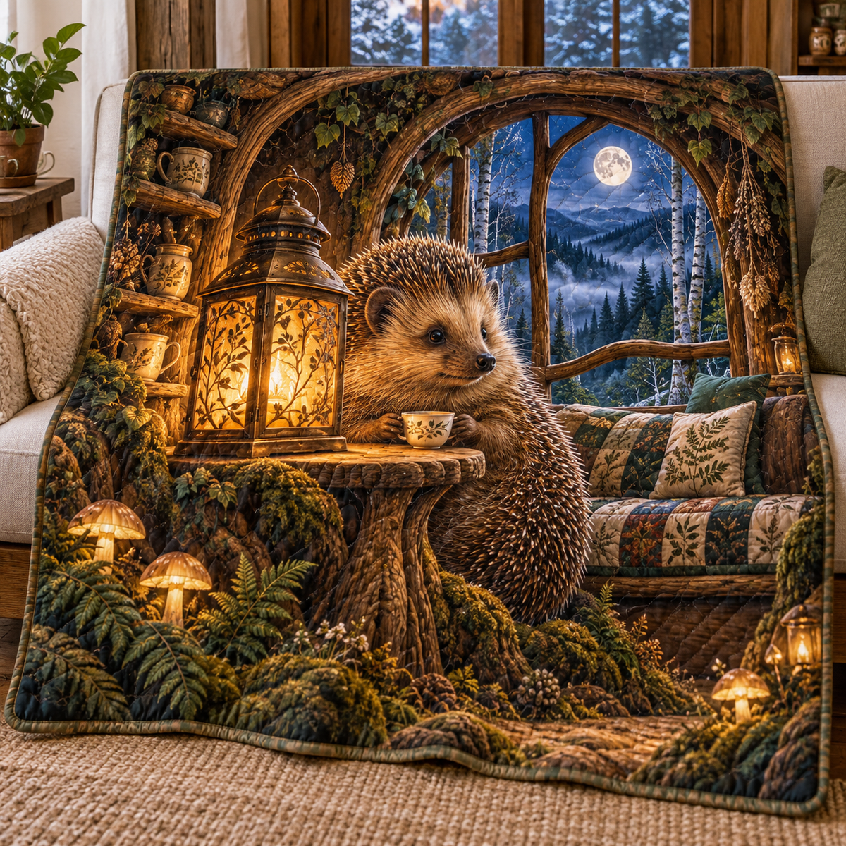 Woodland Hedgehog Lantern Nook Quilt Blanket with printed optical 3D artwork in its use setting