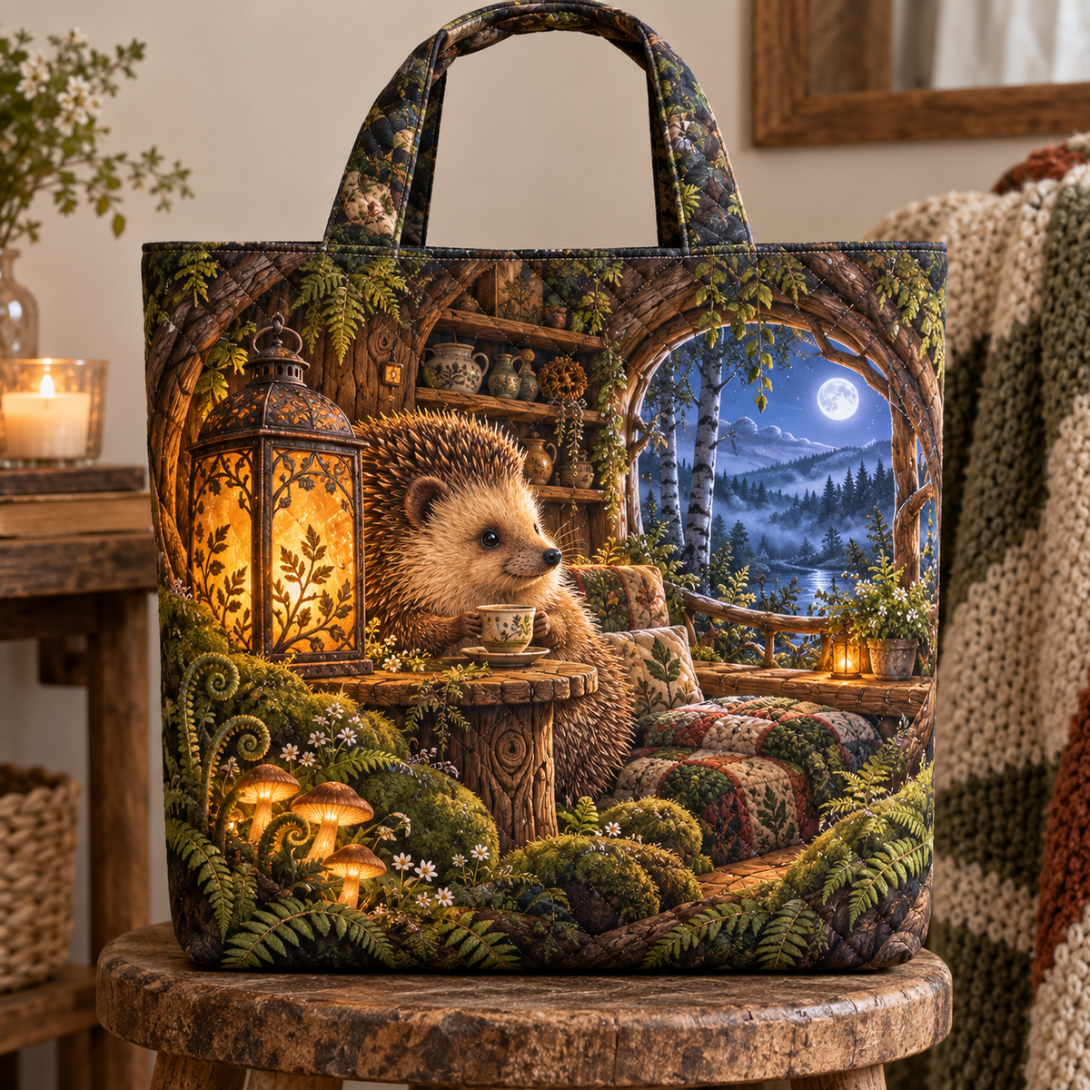 Woodland Hedgehog Lantern Nook Quilted Tote Bag with printed optical 3D artwork in its use setting