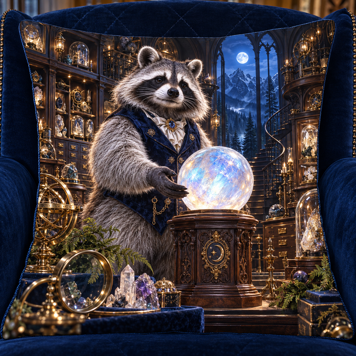 Woodland Raccoon Curio Vault Quilted Cushion Cover with printed optical 3D artwork in its use setting