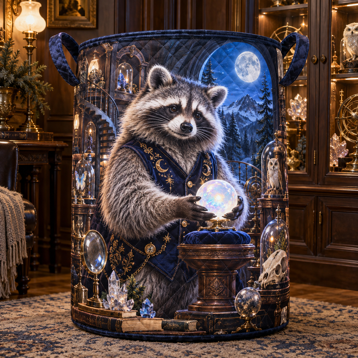 Woodland Raccoon Curio Vault Laundry Hamper with printed optical 3D artwork in its use setting