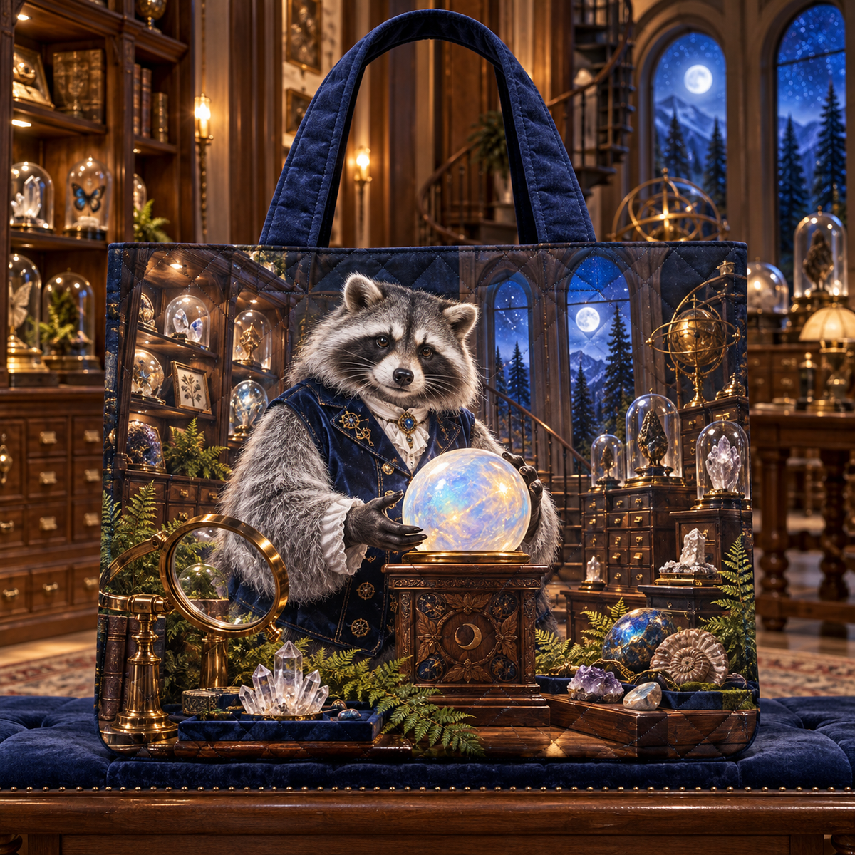 Woodland Raccoon Curio Vault Quilted Tote Bag with printed optical 3D artwork in its use setting