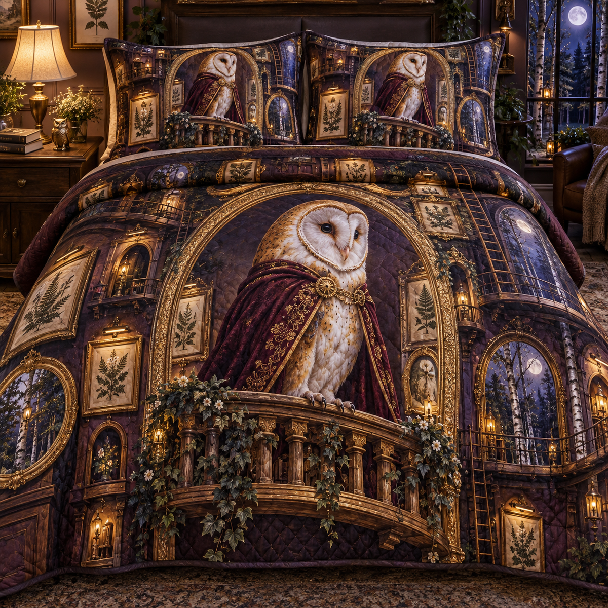 Woodland Owl Portrait Arcade Quilted Bedding Set with printed optical 3D artwork in its use setting