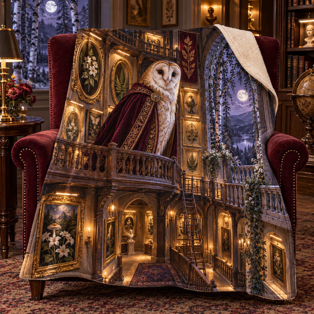 Woodland Owl Portrait Arcade Sherpa & Fleece Blanket with printed optical 3D artwork in its use setting