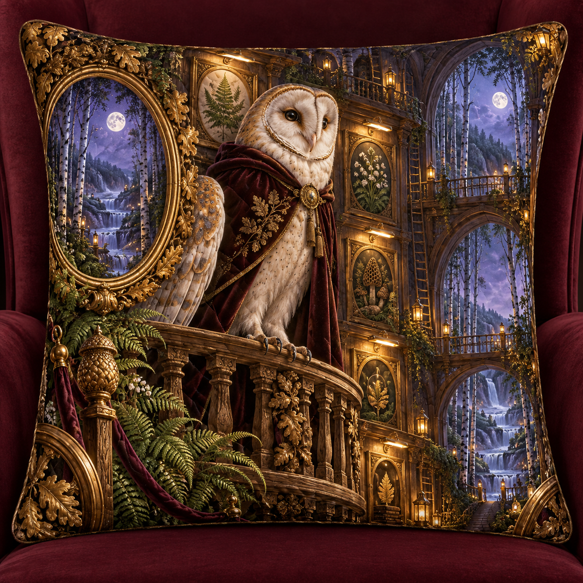 Woodland Owl Portrait Arcade Quilted Cushion Cover with printed optical 3D artwork in its use setting