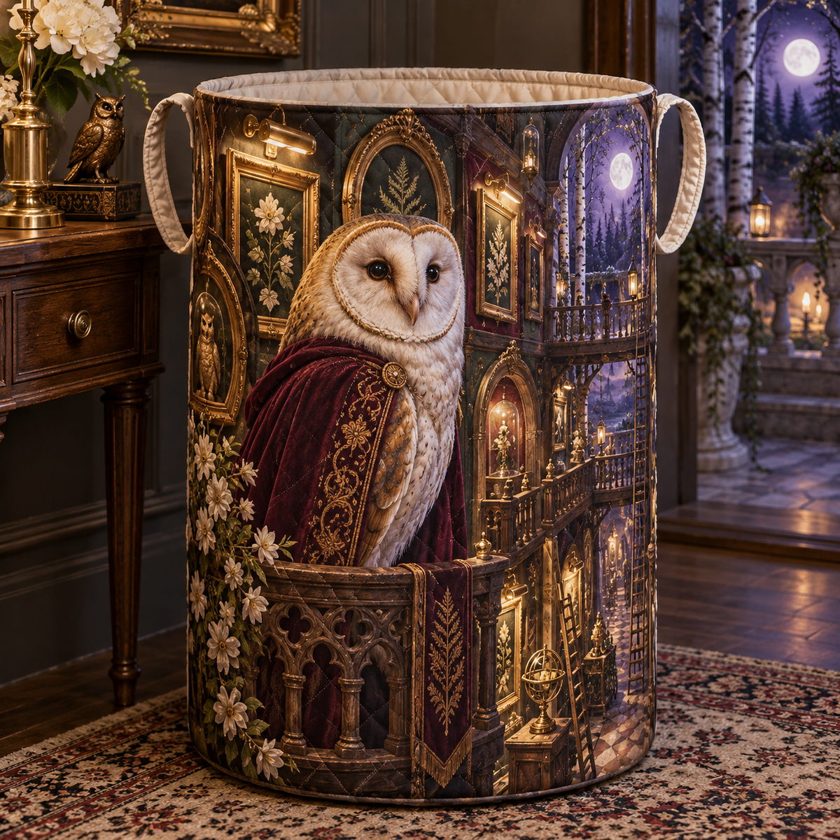 Woodland Owl Portrait Arcade Laundry Hamper with printed optical 3D artwork in its use setting