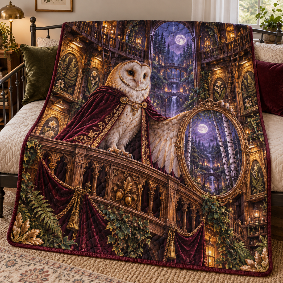 Woodland Owl Portrait Arcade Quilt Blanket with printed optical 3D artwork in its use setting