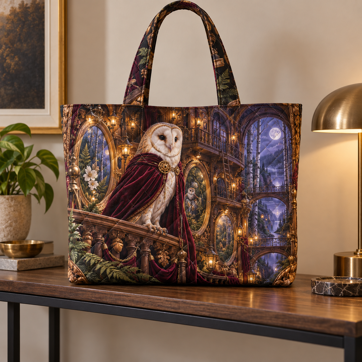 Woodland Owl Portrait Arcade Quilted Tote Bag with printed optical 3D artwork in its use setting