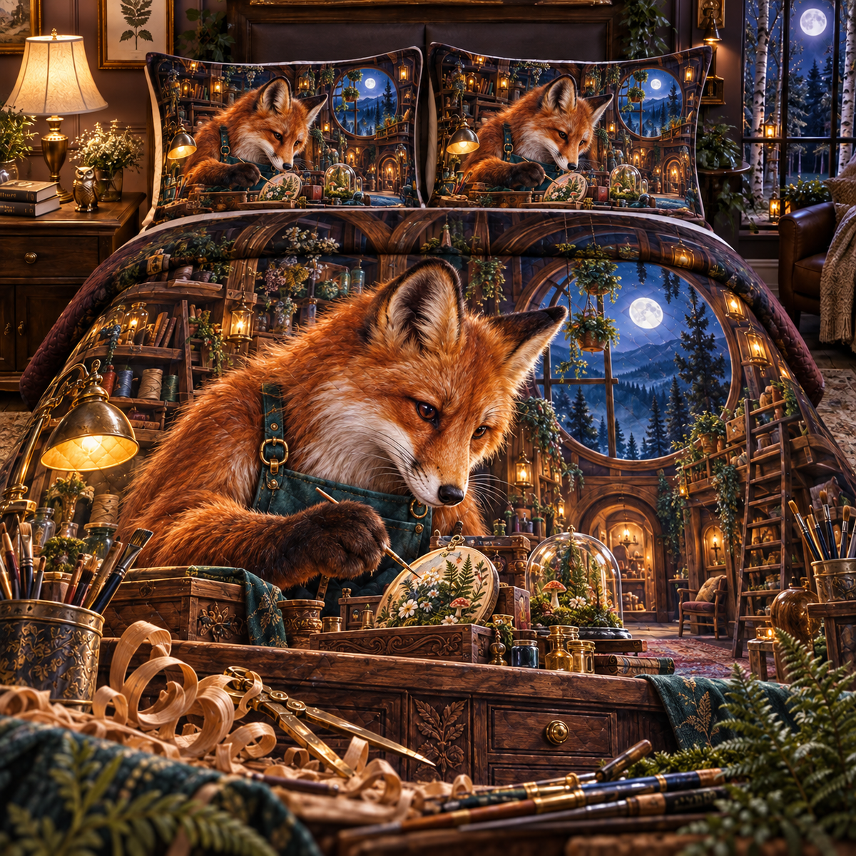 Woodland Fox Atelier Portal Quilted Bedding Set with printed optical 3D artwork in its use setting