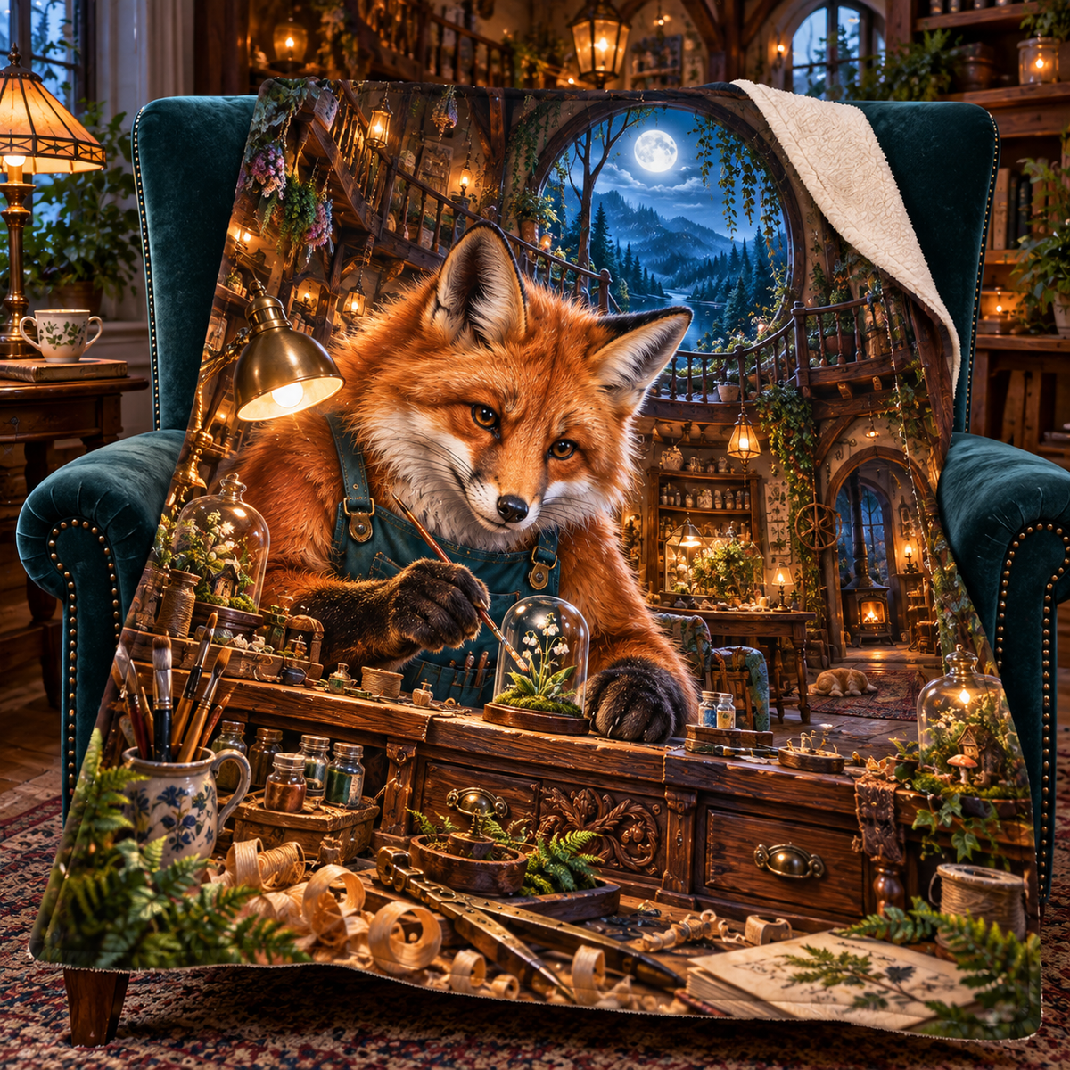 Woodland Fox Atelier Portal Sherpa & Fleece Blanket with printed optical 3D artwork in its use setting