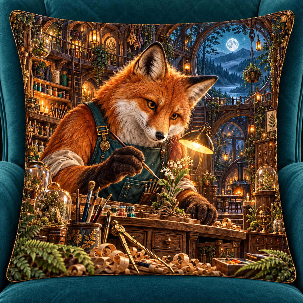 Woodland Fox Atelier Portal Quilted Cushion Cover with printed optical 3D artwork in its use setting