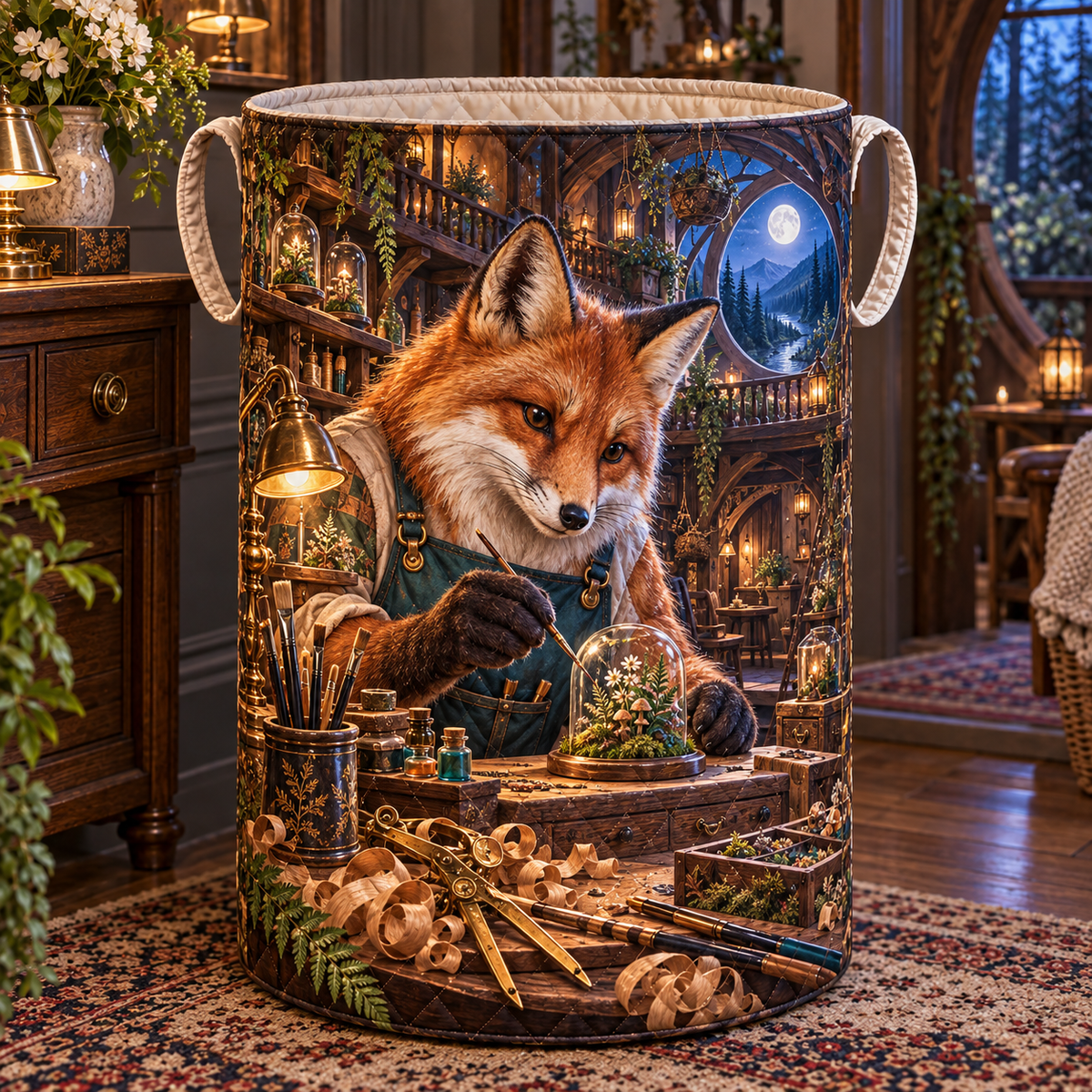 Woodland Fox Atelier Portal Laundry Hamper with printed optical 3D artwork in its use setting