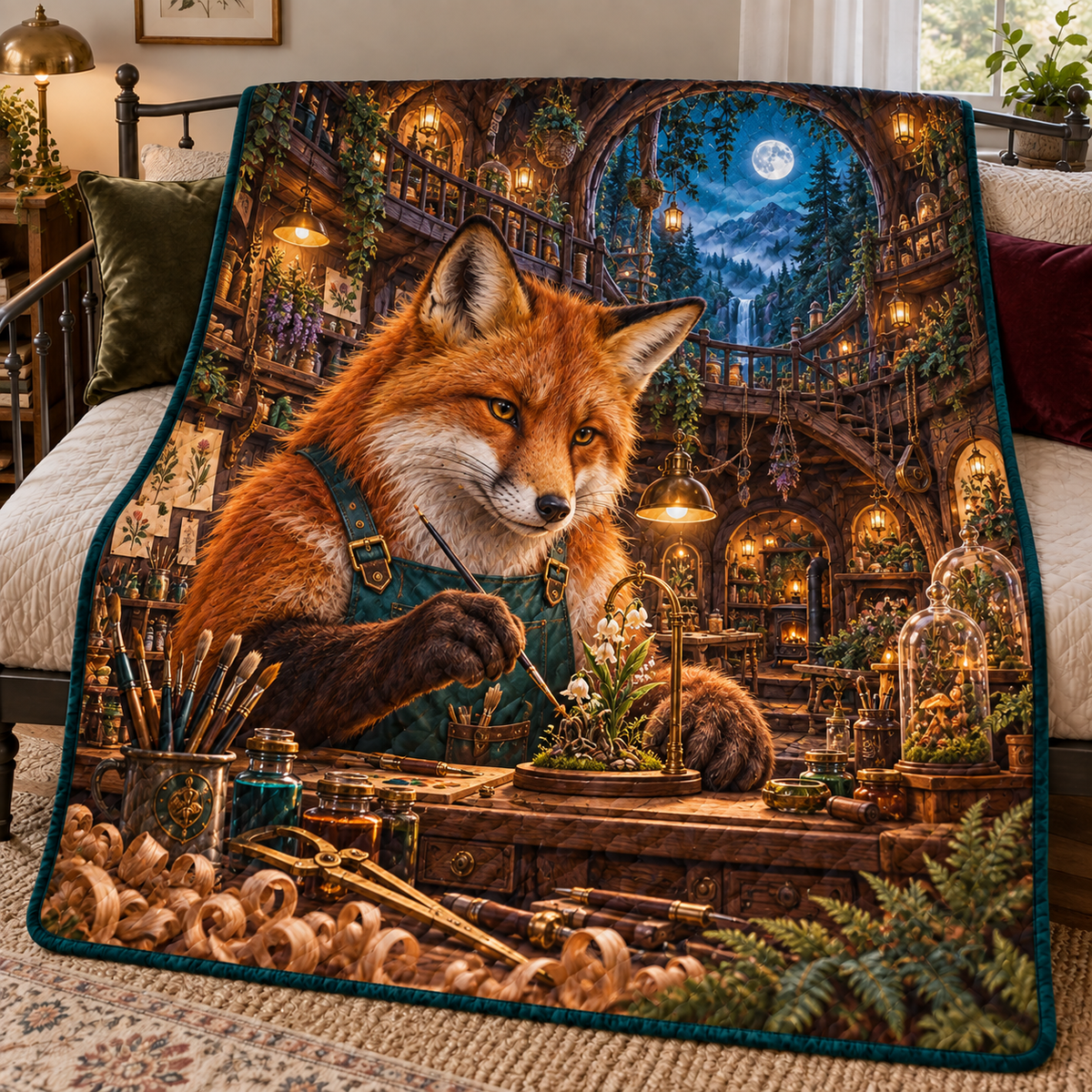Woodland Fox Atelier Portal Quilt Blanket with printed optical 3D artwork in its use setting