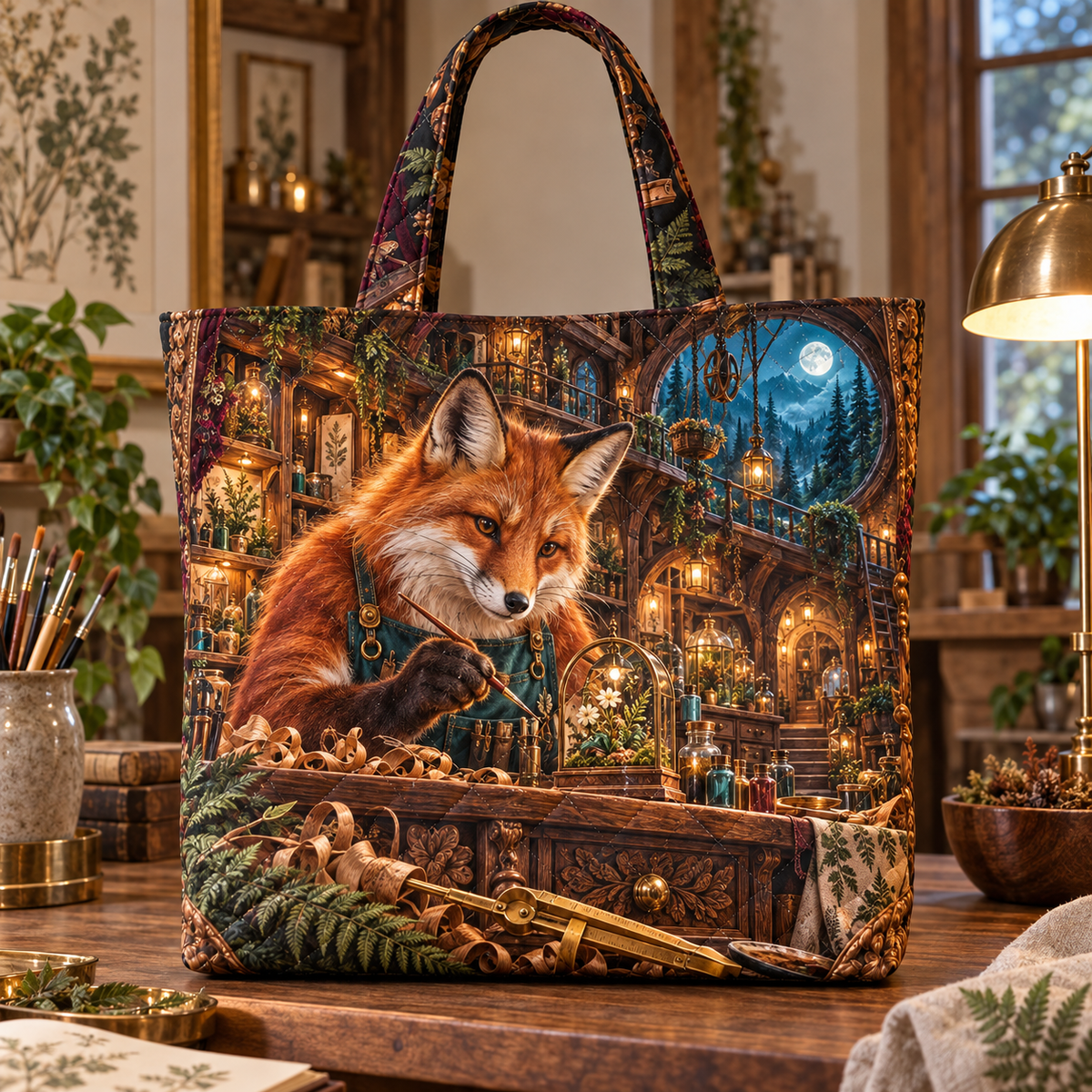 Woodland Fox Atelier Portal Quilted Tote Bag with printed optical 3D artwork in its use setting
