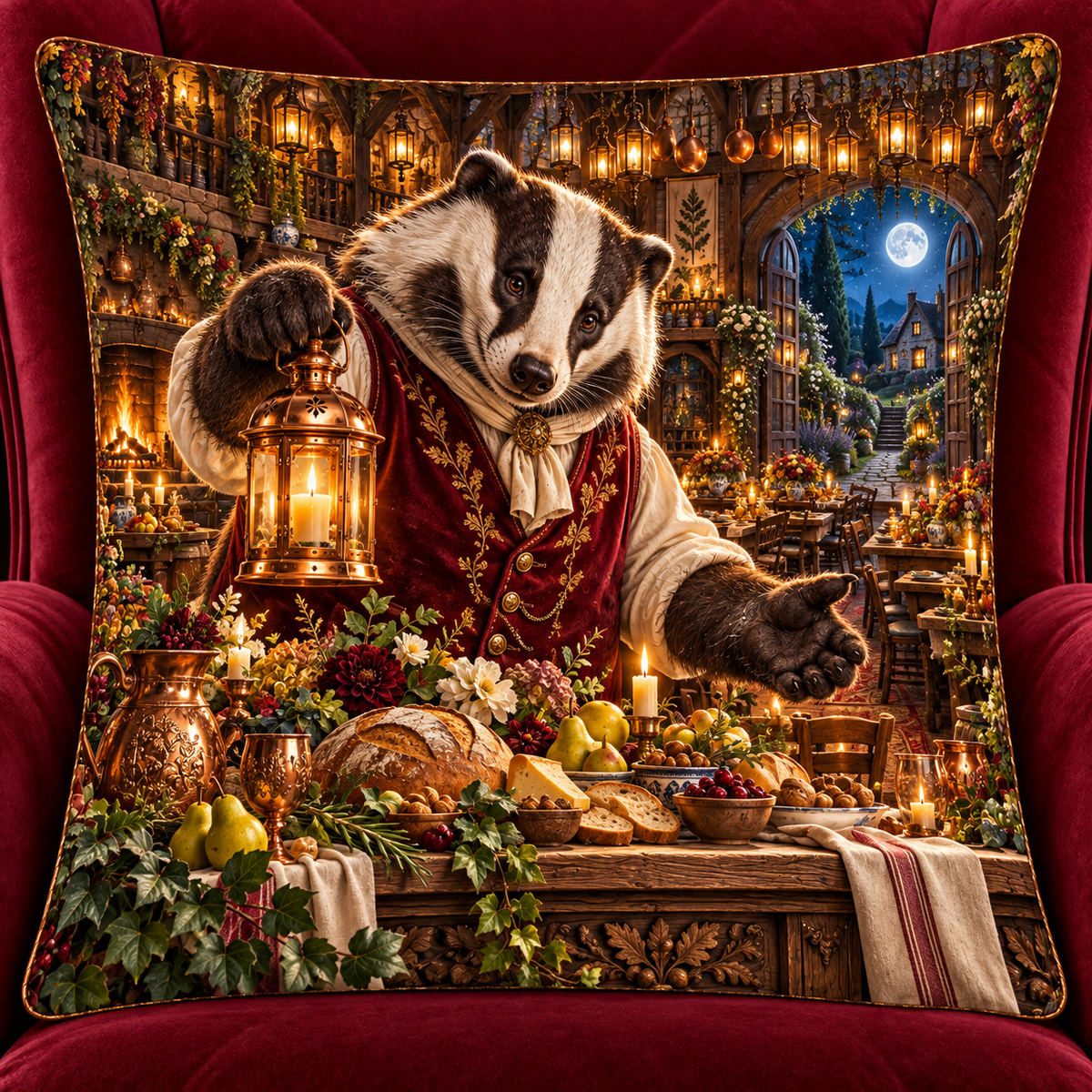 Woodland Badger Supper Hall Quilted Cushion Cover with printed optical 3D artwork in its use setting