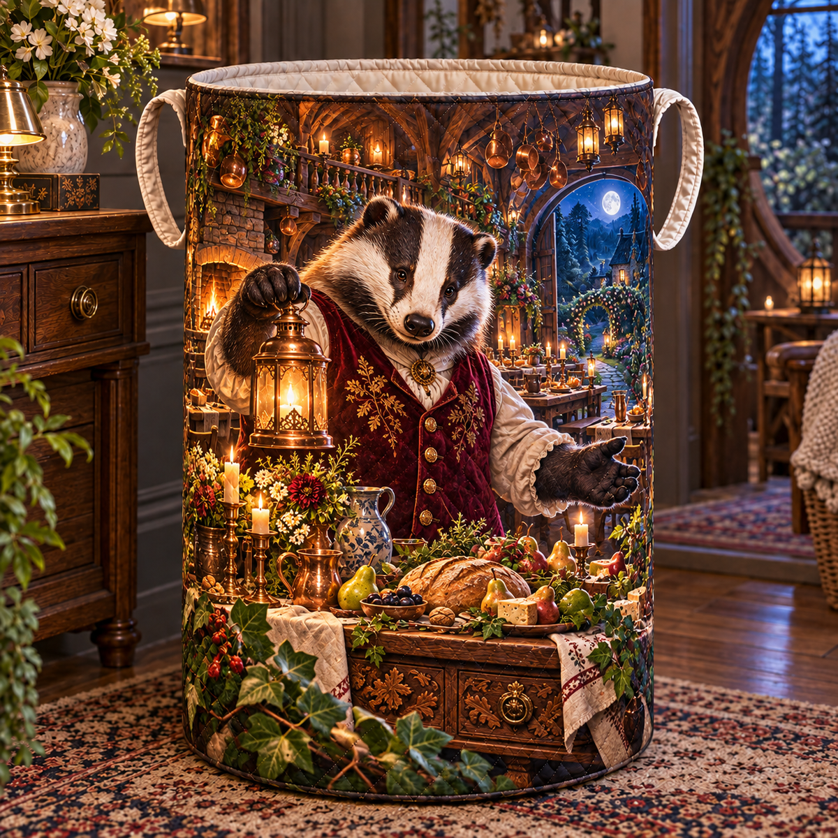 Woodland Badger Supper Hall Laundry Hamper with printed optical 3D artwork in its use setting