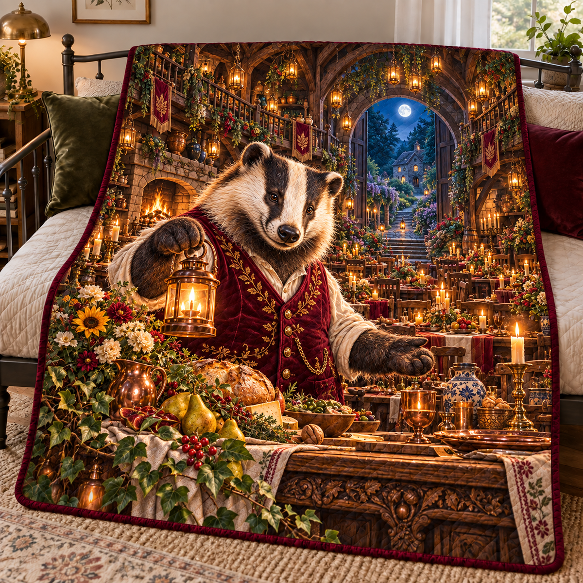 Woodland Badger Supper Hall Quilt Blanket with printed optical 3D artwork in its use setting
